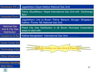Jagadishpur-Gaya-Haldiya National Gas Grid  Patna- Muzaffarpur- Nepal International Gas Grid with  Darbhanga Spur Jagadishpur Line to Buxar- Patna- Barauni- Munger- Bhagalpur-Katihar- Purnia- NE National Gas Grid  Piped City Gas Distribution in all Seven Municipal Corporation areas to start with Katihar-Bangladesh  International Gas Grid………….. Specific Action on Gas Grid & Pipeline Industry Seeding Roadways 4/6 Lane National Highways National Gas Grid & City Gas Distribution   Urban Center Development Technology Infrastructure  Academics & Research Integrated River Management Program Other Infrastructure Main Menu 