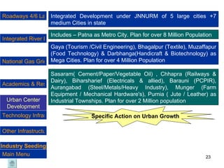Integrated Development under JNNURM of 5 large cities +7 medium Cities in state Includes – Patna as Metro City. Plan for over 8 Million Population Gaya (Tourism /Civil Engineering), Bhagalpur (Textile), Muzaffapur (Food Technology) & Darbhanga(Handicraft & Biotechnology) as Mega Cities. Plan for over 4 Million Population  Sasaram( Cement/Paper/Vegetable Oil) , Chhapra (Railways & Dairy), Biharsharief (Electricals & allied), Barauni (PCPIR), Aurangabad (Steel/Metals/Heavy Industry), Munger (Farm Equipment / Mechanical Hardware's), Purnia ( Jute / Leather) as Industrial Townships. Plan for over 2 Million population Specific Action on Urban Growth Industry Seeding Roadways 4/6 Lane National Highways National Gas Grid & City Gas Distribution  Urban Center Development Technology Infrastructure  Academics & Research Integrated River Management Program Other Infrastructure Main Menu 