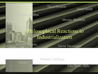 Philosophical Reactions to Industrialization  Adam Smith Thomas Malthus David Ricardo Charles Darwin Social Darwinism John Stuart Mills Unions Women’s Suffrage Slavery Abolition 
