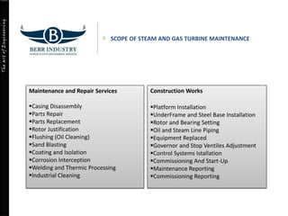 TheartofEngineering
SCOPE OF STEAM AND GAS TURBINE MAINTENANCE
Maintenance and Repair Services
Casing Disassembly
Parts Repair
Parts Replacement
Rotor Justification
Flushing (Oil Cleaning)
Sand Blasting
Coating and Isolation
Corrosion Interception
Welding and Thermic Processing
Industrial Cleaning
Construction Works
Platform Installation
UnderFrame and Steel Base Installation
Rotor and Bearing Setting
Oil and Steam Line Piping
Equipment Replaced
Governor and Stop Ventiles Adjustment
Control Systems Istallation
Commissioning And Start-Up
Maintenance Reporting
Commissioning Reporting
 
