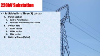 220kV Substation
• It is divided into Three(3) parts:-
A. Panel Section
A. Control Panel Section
B. Relay and Protection Panel Section
B. Switch Yard
A. 220kV Section
B. 132kV section
C. 33kV section
C. Battery Room (Extra)
 
