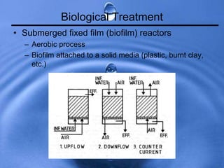 Biological Treatment
• Submerged fixed film (biofilm) reactors
– Aerobic process
– Biofilm attached to a solid media (plastic, burnt clay,
etc.)
 