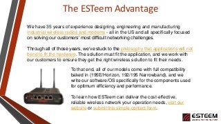 The ESTeem Advantage
We have 35 years of experience designing, engineering and manufacturing
industrial wireless radios and modems - all in the US and all specifically focused
on solving our customers’ most difficult networking challenges.
Through all of those years, we’ve stuck to the philosophy that applications will not
bend to fit the hardware. The solution must fit the application, and we work with
our customers to ensure they get the right wireless solution to fit their needs.
To that end, all of our models come with full compatibility
baked in (195E/Horizon, 192/195 Narrowband), and we
write our software/OS specifically for the components used
for optimum efficiency and performance.
To learn how ESTeem can deliver the cost-effective,
reliable wireless network your operation needs, visit our
website or submit this simple contact form.
 