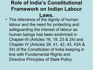 Role of India’s Constitutional
Framework on Indian Labour
Laws.
• The relevance of the dignity of human
labour and the need for protecting and
safeguarding the interest of labour as
human beings has been enshrined in
Chapter-III (Articles 16, 19, 23 & 24) and
Chapter IV (Articles 39, 41, 42, 43, 43A &
54) of the Constitution of India keeping in
line with Fundamental Rights and
Directive Principles of State Policy.
 