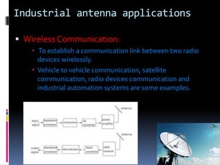 Industrial antenna applications
 Wireless Communication:
 To establish a communication link between two radio
devices wirelessly.
 Vehicle to vehicle communication, satellite
communication, radio devices communication and
industrial automation systems are some examples.
 