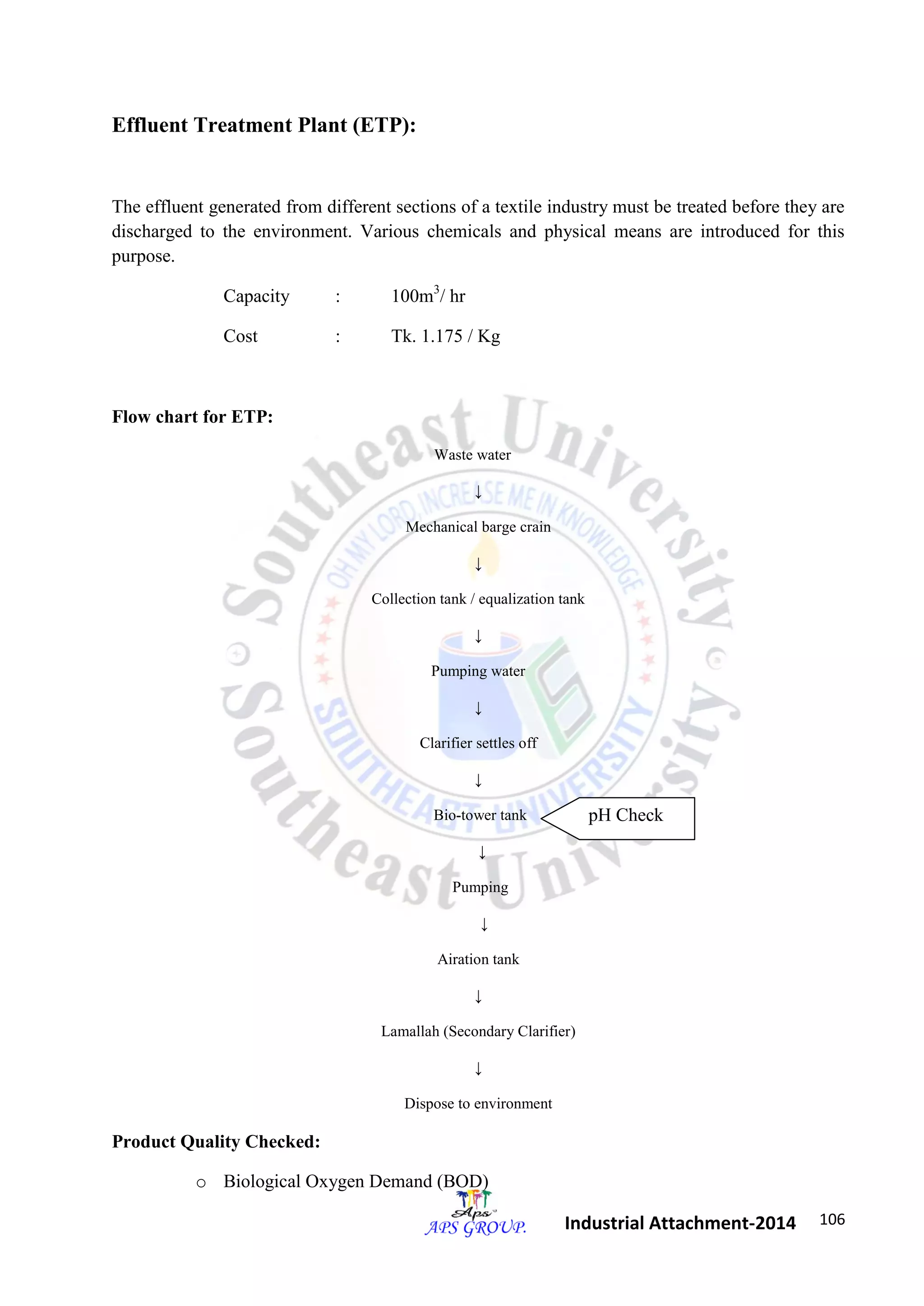 106 
Industrial Attachment-2014 
Effluent Treatment Plant (ETP): 
The effluent generated from different sections of a textile industry must be treated before they are 
discharged to the environment. Various chemicals and physical means are introduced for this 
purpose. 
Capacity : 100m3/ hr 
Cost : Tk. 1.175 / Kg 
Flow chart for ETP: 
Waste water 
↓ 
Mechanical barge crain 
↓ 
Collection tank / equalization tank 
↓ 
Pumping water 
↓ 
Clarifier settles off 
↓ 
Bio-tower tank 
↓ 
Pumping 
↓ 
Airation tank 
↓ 
Lamallah (Secondary Clarifier) 
↓ 
Dispose to environment 
Product Quality Checked: 
o Biological Oxygen Demand (BOD) 
pH Check 
 