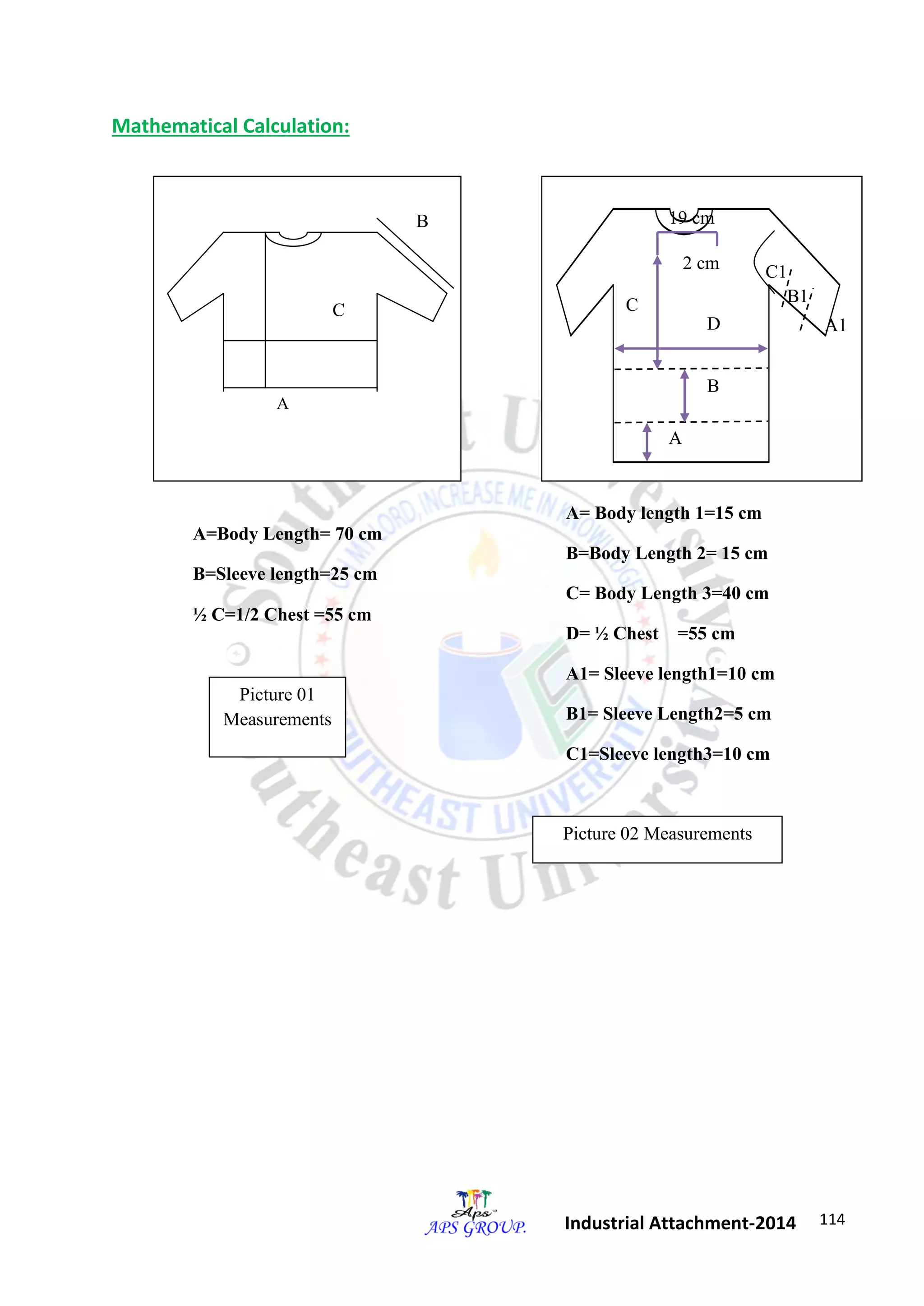 114 
Industrial Attachment-2014 
Mathematical Calculation: 
C 
A 
B 
A=Body Length= 70 cm 
B=Sleeve length=25 cm 
½ C=1/2 Chest =55 cm 
A= Body length 1=15 cm 
B=Body Length 2= 15 cm 
C= Body Length 3=40 cm 
D= ½ Chest =55 cm 
A1= Sleeve length1=10 cm 
B1= Sleeve Length2=5 cm 
C1=Sleeve length3=10 cm 
A1 
A 
C1 
B1 
19 cm 
2 cm 
B 
D 
C 
Picture 01 
Measurements 
Picture 02 Measurements 
 