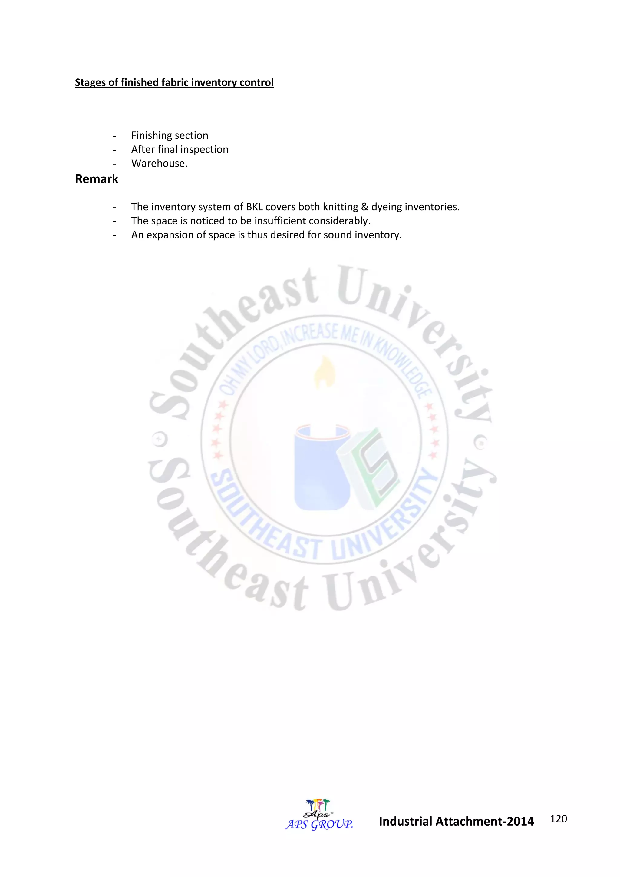 120 
Industrial Attachment-2014 
Stages of finished fabric inventory control 
- Finishing section 
- After final inspection 
- Warehouse. 
Remark 
- The inventory system of BKL covers both knitting & dyeing inventories. 
- The space is noticed to be insufficient considerably. 
- An expansion of space is thus desired for sound inventory. 
 