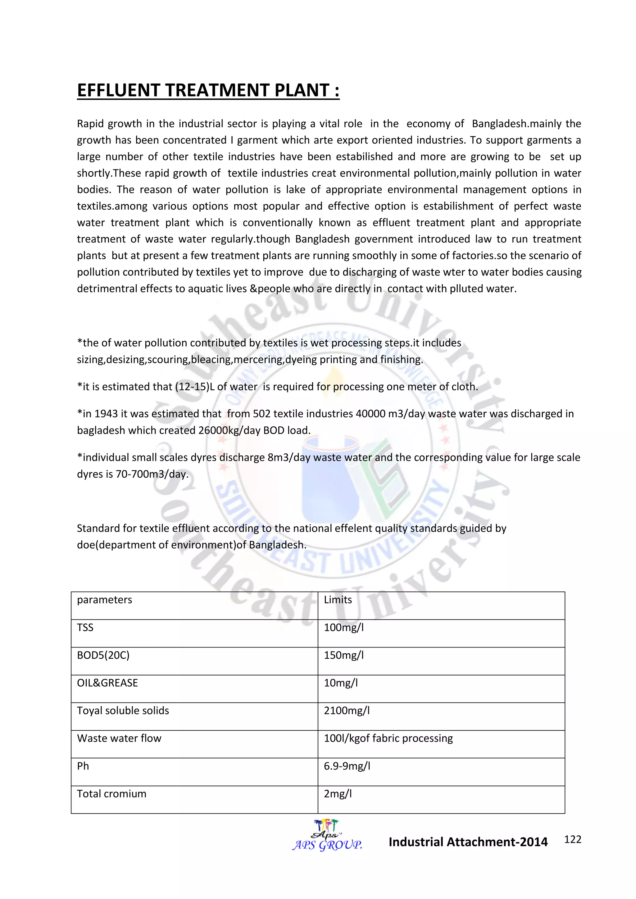 122 
Industrial Attachment-2014 
EFFLUENT TREATMENT PLANT : 
Rapid growth in the industrial sector is playing a vital role in the economy of Bangladesh.mainly the 
growth has been concentrated I garment which arte export oriented industries. To support garments a 
large number of other textile industries have been estabilished and more are growing to be set up 
shortly.These rapid growth of textile industries creat environmental pollution,mainly pollution in water 
bodies. The reason of water pollution is lake of appropriate environmental management options in 
textiles.among various options most popular and effective option is estabilishment of perfect waste 
water treatment plant which is conventionally known as effluent treatment plant and appropriate 
treatment of waste water regularly.though Bangladesh government introduced law to run treatment 
plants but at present a few treatment plants are running smoothly in some of factories.so the scenario of 
pollution contributed by textiles yet to improve due to discharging of waste wter to water bodies causing 
detrimentral effects to aquatic lives &people who are directly in contact with plluted water. 
*the of water pollution contributed by textiles is wet processing steps.it includes 
sizing,desizing,scouring,bleacing,mercering,dyeing printing and finishing. 
*it is estimated that (12-15)L of water is required for processing one meter of cloth. 
*in 1943 it was estimated that from 502 textile industries 40000 m3/day waste water was discharged in 
bagladesh which created 26000kg/day BOD load. 
*individual small scales dyres discharge 8m3/day waste water and the corresponding value for large scale 
dyres is 70-700m3/day. 
Standard for textile effluent according to the national effelent quality standards guided by 
doe(department of environment)of Bangladesh. 
parameters Limits 
TSS 100mg/l 
BOD5(20C) 150mg/l 
OIL&GREASE 10mg/l 
Toyal soluble solids 2100mg/l 
Waste water flow 100l/kgof fabric processing 
Ph 6.9-9mg/l 
Total cromium 2mg/l 
 