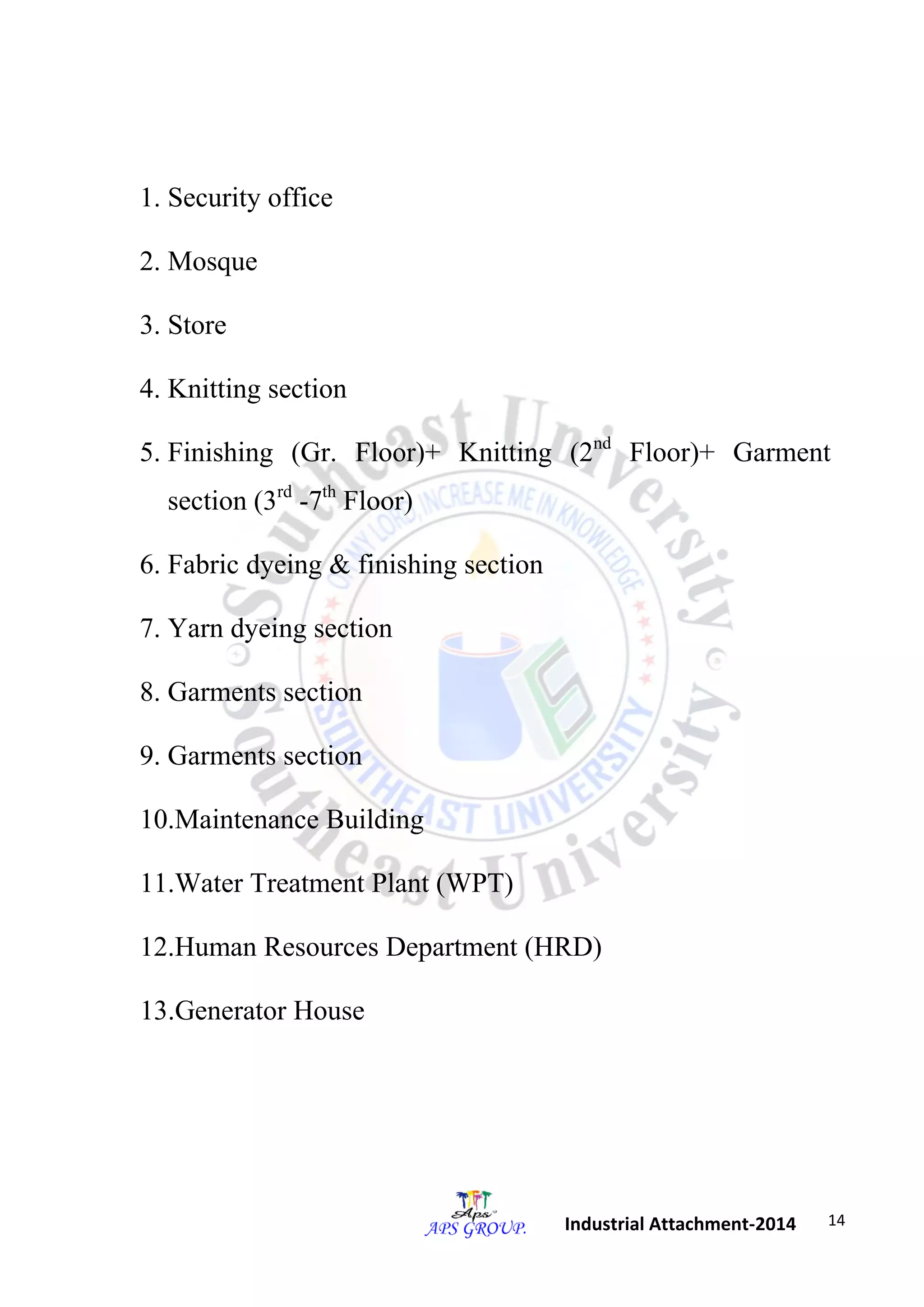 14 
Industrial Attachment-2014 
1. Security office 
2. Mosque 
3. Store 
4. Knitting section 
5. Finishing (Gr. Floor)+ Knitting (2nd Floor)+ Garment 
section (3rd -7th Floor) 
6. Fabric dyeing & finishing section 
7. Yarn dyeing section 
8. Garments section 
9. Garments section 
10.Maintenance Building 
11.Water Treatment Plant (WPT) 
12.Human Resources Department (HRD) 
13.Generator House 
 