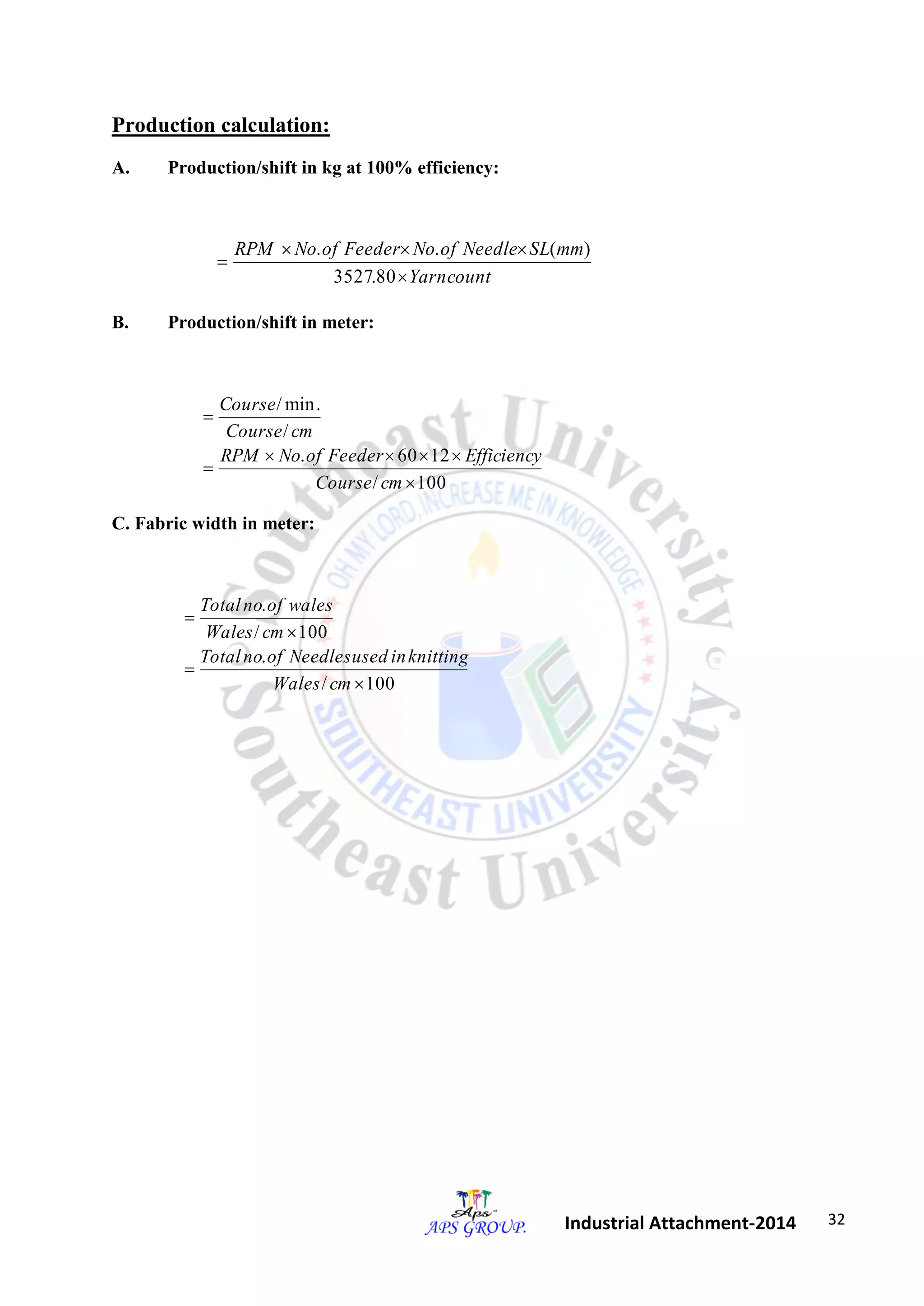 32 
Industrial Attachment-2014 
Production calculation: 
A. Production/shift in kg at 100% efficiency: 
Yarncount 
RPM No of Feeder No of Needle SL mm 
 
   
 
3527.80 
. . ( ) 
B. Production/shift in meter: 
/ 100 
. 60 12 
/ 
/min. 
 
    
 
 
Course cm 
RPM No of Feeder Efficiency 
Course cm 
Course 
C. Fabric width in meter: 
/ 100 
. 
/ 100 
. 
 
 
 
 
Wales cm 
Total no of Needlesused in knitting 
Wales cm 
Total no of wales 
 