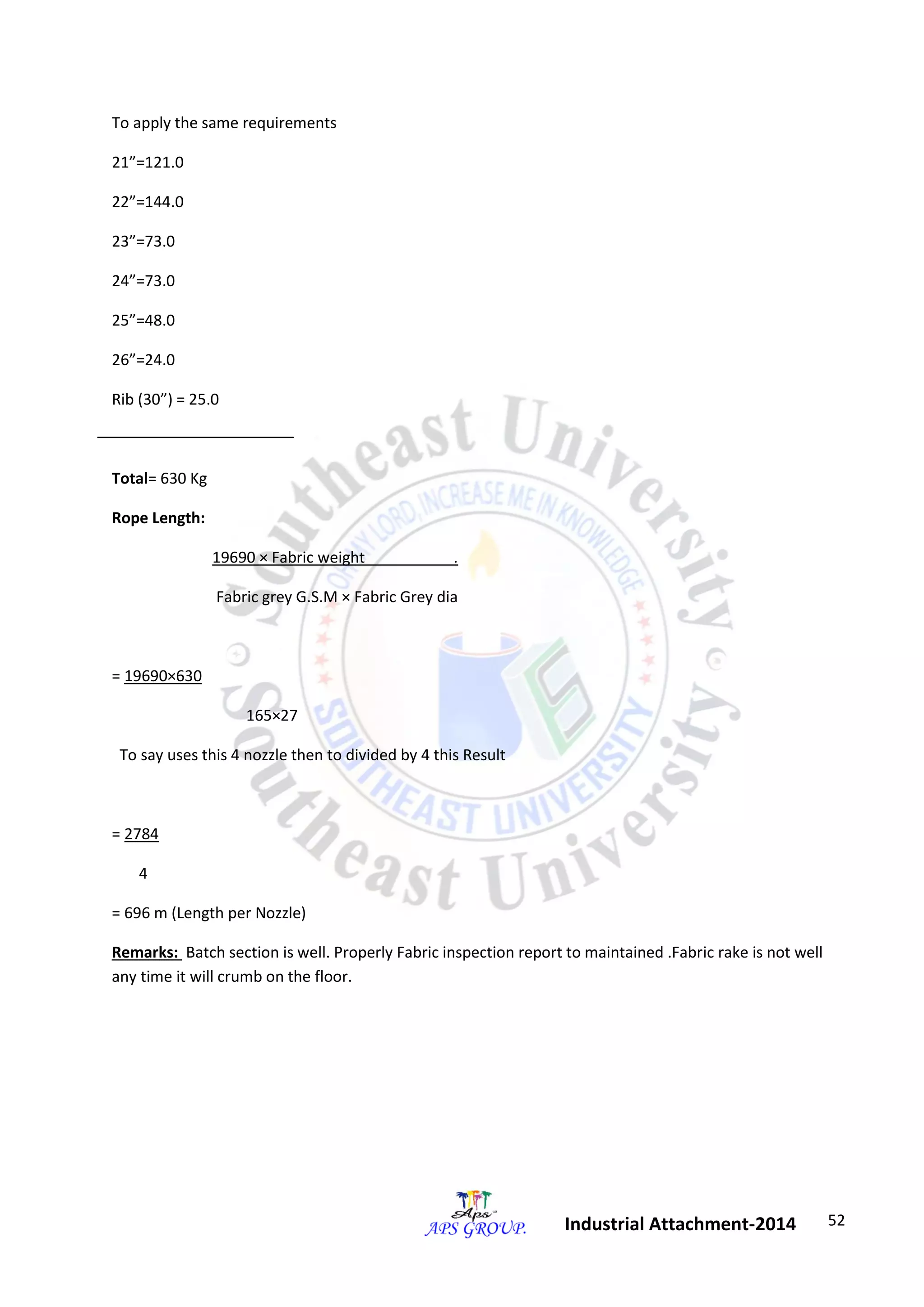 52 
Industrial Attachment-2014 
To apply the same requirements 
21”=121.0 
22”=144.0 
23”=73.0 
24”=73.0 
25”=48.0 
26”=24.0 
Rib (30”) = 25.0 
Total= 630 Kg 
Rope Length: 
19690 × Fabric weight . 
Fabric grey G.S.M × Fabric Grey dia 
= 19690×630 
165×27 
To say uses this 4 nozzle then to divided by 4 this Result 
= 2784 
4 
= 696 m (Length per Nozzle) 
Remarks: Batch section is well. Properly Fabric inspection report to maintained .Fabric rake is not well 
any time it will crumb on the floor. 
 