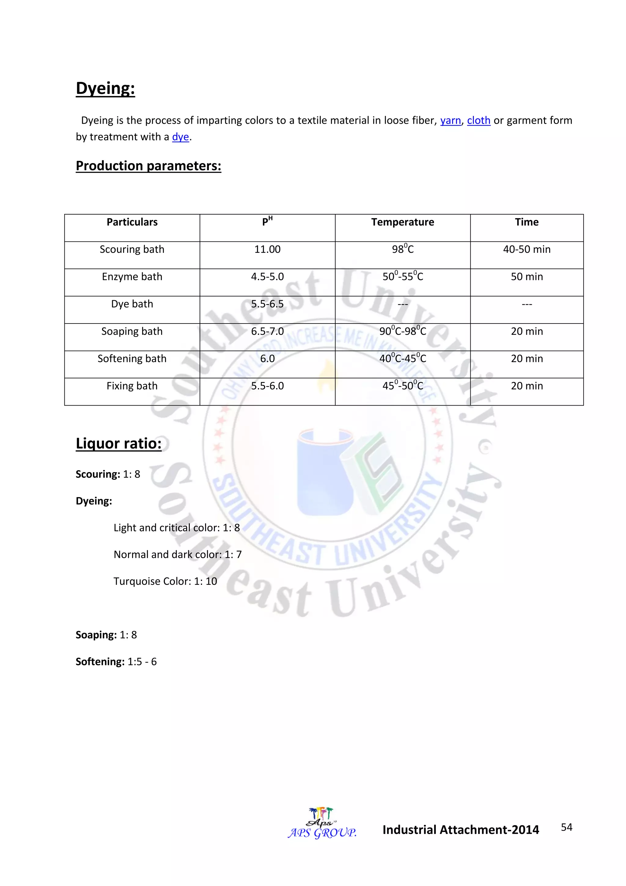 54 
Industrial Attachment-2014 
Dyeing: 
Dyeing is the process of imparting colors to a textile material in loose fiber, yarn, cloth or garment form 
by treatment with a dye. 
Production parameters: 
Particulars PH Temperature Time 
Scouring bath 11.00 980C 40-50 min 
Enzyme bath 4.5-5.0 500-550C 50 min 
Dye bath 5.5-6.5 --- --- 
Soaping bath 6.5-7.0 900C-980C 20 min 
Softening bath 6.0 400C-450C 20 min 
Fixing bath 5.5-6.0 450-500C 20 min 
Liquor ratio: 
Scouring: 1: 8 
Dyeing: 
Light and critical color: 1: 8 
Normal and dark color: 1: 7 
Turquoise Color: 1: 10 
Soaping: 1: 8 
Softening: 1:5 - 6 
 