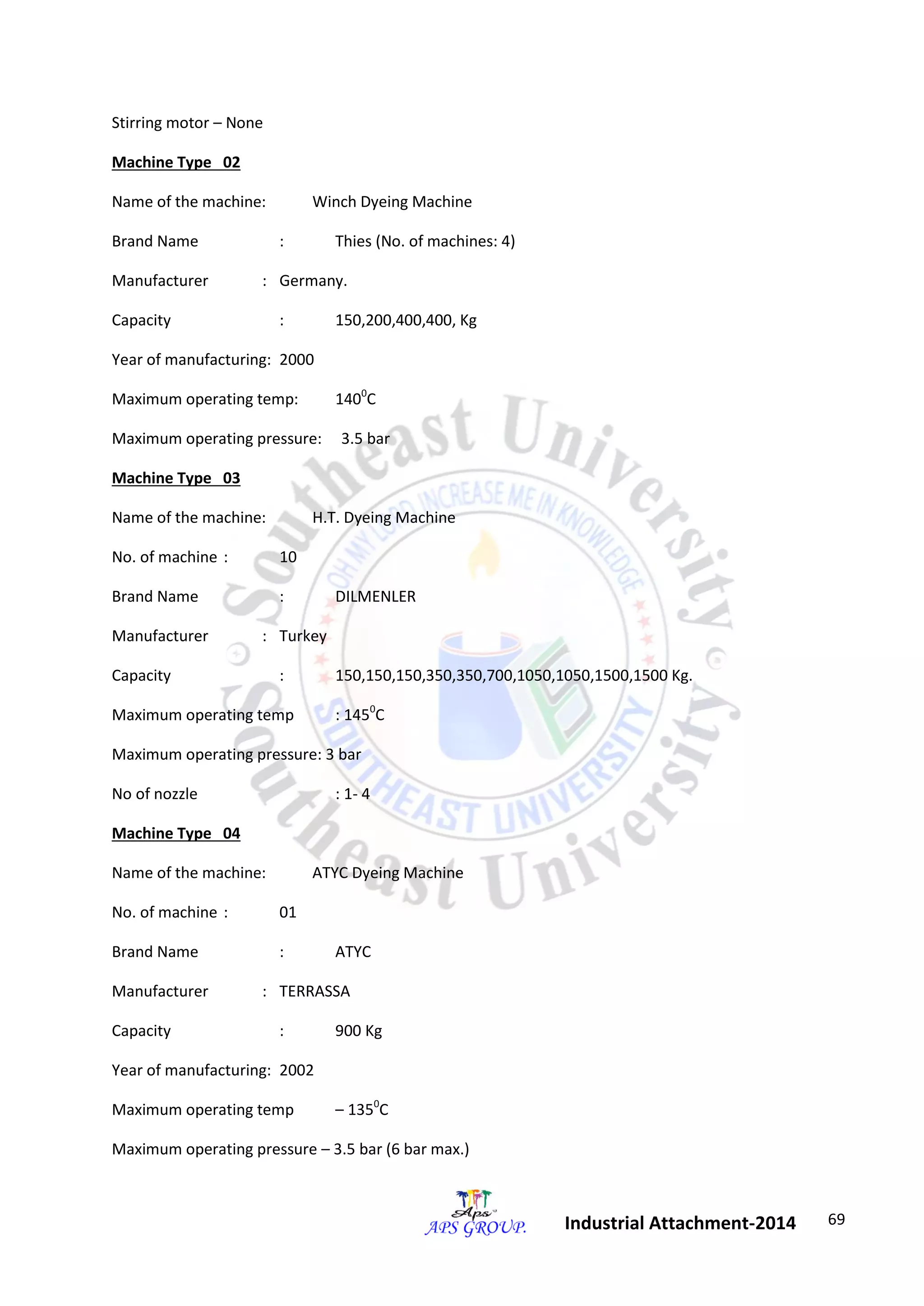 69 
Industrial Attachment-2014 
Stirring motor – None 
Machine Type 02 
Name of the machine: Winch Dyeing Machine 
Brand Name : Thies (No. of machines: 4) 
Manufacturer : Germany. 
Capacity : 150,200,400,400, Kg 
Year of manufacturing: 2000 
Maximum operating temp: 1400C 
Maximum operating pressure: 3.5 bar 
Machine Type 03 
Name of the machine: H.T. Dyeing Machine 
No. of machine : 10 
Brand Name : DILMENLER 
Manufacturer : Turkey 
Capacity : 150,150,150,350,350,700,1050,1050,1500,1500 Kg. 
Maximum operating temp : 1450C 
Maximum operating pressure: 3 bar 
No of nozzle : 1- 4 
Machine Type 04 
Name of the machine: ATYC Dyeing Machine 
No. of machine : 01 
Brand Name : ATYC 
Manufacturer : TERRASSA 
Capacity : 900 Kg 
Year of manufacturing: 2002 
Maximum operating temp – 1350C 
Maximum operating pressure – 3.5 bar (6 bar max.) 
 
