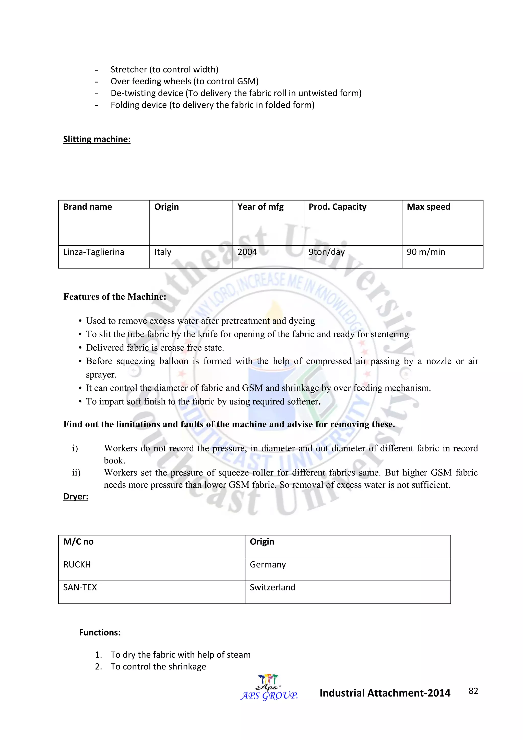 82 
Industrial Attachment-2014 
- Stretcher (to control width) 
- Over feeding wheels (to control GSM) 
- De-twisting device (To delivery the fabric roll in untwisted form) 
- Folding device (to delivery the fabric in folded form) 
Slitting machine: 
Brand name Origin Year of mfg Prod. Capacity 
Max speed 
Linza-Taglierina Italy 2004 9ton/day 90 m/min 
Features of the Machine: 
• Used to remove excess water after pretreatment and dyeing 
• To slit the tube fabric by the knife for opening of the fabric and ready for stentering 
• Delivered fabric is crease free state. 
• Before squeezing balloon is formed with the help of compressed air passing by a nozzle or air 
sprayer. 
• It can control the diameter of fabric and GSM and shrinkage by over feeding mechanism. 
• To impart soft finish to the fabric by using required softener. 
Find out the limitations and faults of the machine and advise for removing these. 
i) Workers do not record the pressure, in diameter and out diameter of different fabric in record 
book. 
ii) Workers set the pressure of squeeze roller for different fabrics same. But higher GSM fabric 
needs more pressure than lower GSM fabric. So removal of excess water is not sufficient. 
Dryer: 
M/C no Origin 
RUCKH Germany 
SAN-TEX Switzerland 
Functions: 
1. To dry the fabric with help of steam 
2. To control the shrinkage 
 