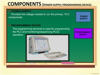 5. POWER SUPPLY
Provides the voltage needed to run the primary PLC
components. POWER
SUPPLY
6. PROGRAMMING DEVICE
The programming terminal is used for programming
the PLC and monitoring/sequencing PLCs
operation.
PROGRAMMING
DEVICE
COMPONENTS (POWER SUPPLY, PROGRAMMING DEVICE)
 