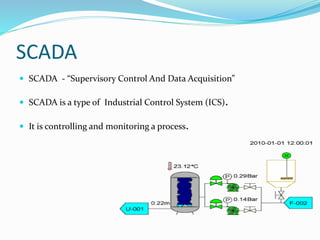 SCADA
 SCADA - “Supervisory Control And Data Acquisition”
 SCADA is a type of Industrial Control System (ICS).
 It is controlling and monitoring a process.
 