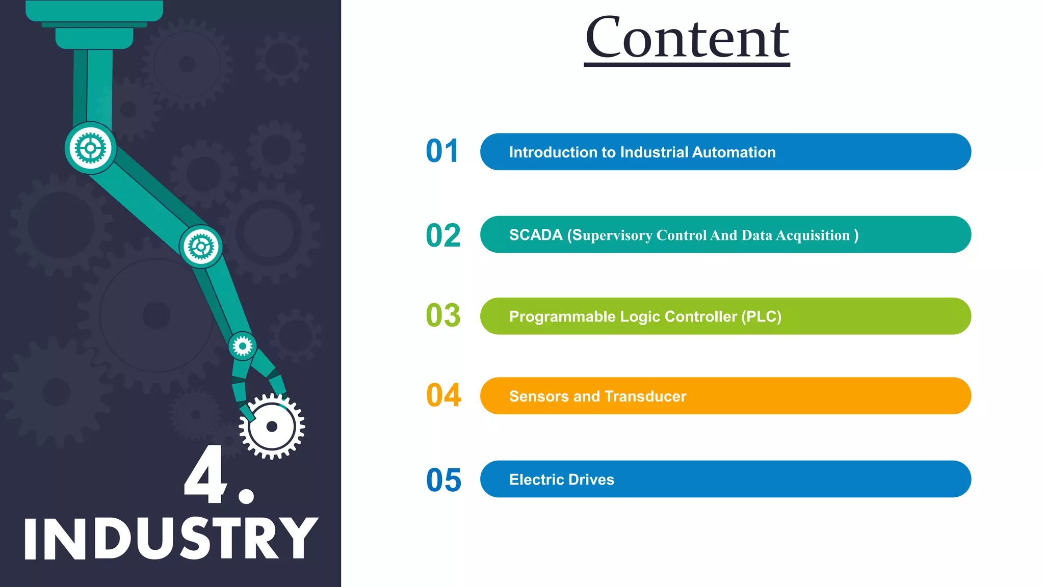 Content
01 Introduction to Industrial Automation
02 SCADA (Supervisory Control And Data Acquisition )
03 Programmable Logic Controller (PLC)
04 Sensors and Transducer
Electric Drives
05
 