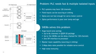11 Silicon Labs Confidential
 PLC systems may have 128 channels
 Field inputs can be sourcing or sinking
 Optos are not fast enough for servo motor control
 Optos performance is poor over temp and age
Si838x solves this problem
 Huge board area savings
 Up to 8x channels in QSOP-20 package
 Up to 16x Si838x can be daisy chained for 128 channels
 One SPI interface to processor
 Bipolar input capability (sourcing or sinking)
 2 Mbps data rates possible for reliable servo control
 High noise immunity
Problem: PLC needs fast & multiple isolated inputs
PLC board
24 V Digital Inputs
Channel 1
Proximity sensor
Channel 2
Pressure sensor
Channel 8
Embedded
processor
24 V Digital Outputs
PLC board
Channel 1
Channel 2
Channel 8
Embedded
processor
CMOSIsolation
1x Si838x
SPI
8xinputs
 