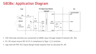  24V field side switches are connected to Si838x input through simple R network (R1, R2)
 R1, R2 values ensure IEC 61131-2 compliance to Type 1,2,3 switches
 App note AN 970: PLC Inputs Design Guide explains how to calculate R1, R2
Si838x: Application Diagram
Si838xP
2.2nF
Low-side
Resistor
High-side
Resistor AHx
Input
BHx
Output
COM GND
VDD
R1
R2
VD
Field
Potential
IIN
ID
C1
24V DC
uController
Input
GND
VDD
VIN
Field PLC Digital Input Module PLC
High Speed
Channels Only
Sensor
Or Switch
IsolationBarrier
Current
Limit
Resistor
Status Lamp
LED
R3
D2
 