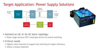 Target Application: Power Supply Solutions
 Isolated ac/dc or dc/dc basic topology:
 Power stage and sync FET’s need gate drivers to control switching
 Critical needs
 Highest noise immunity to support fast switching for higher efficiency
 Safety is always important
Full wave
rectifier
Isolated
Gate Driver
Sync
FETs
Secondary
Side
Controller
Power
switch
DC Output
Voltage
Gate
Driver
AC Input
Voltage
Isolated
Transformer
 