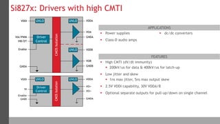 22 Silicon Labs Confidential
APPLICATIONS
FEATURESCMOSIsolation
Driver
Control
UVLOVDDI
VIA/PWM
VIB/DT
GNDA
VOA
UVLO VDDA
GNDA
VOB
UVLO VDDB
GNDB
Enable
 Power supplies
 Class-D audio amps
 dc/dc converters
Si827x: Drivers with high CMTI
 High CMTI (dV/dt immunity)
 200kV/us for data & 400kV/us for latch-up
 Low jitter and skew
 1ns max jitter, 5ns max output skew
 2.5V VDDI capability, 30V VDDA/B
 Optional separate outputs for pull-up/down on single channel
CMOSIsolation
Driver
Control
UVLOVDDI
VI
GNDI
VO+
VO+
UVLO VDDA
GNDA
Enable
 