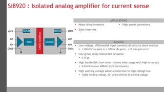 27 Silicon Labs Confidential
APPLICATIONS
Benefits
 Motor drive inverters
 Solar inverters
 High power converters
Si8920 : Isolated analog amplifier for current sense
 Low voltage, differential input connects directly to shunt resistor
 ±100mV (16x gain) or ± 200mV (8x gain), ±1% max gain error
 Low group delay allows fast response
 0.75 µs
 High bandwidth, low noise – allows wide usage with high accuracy
 0.03mVrms over 400kHz, 0.2% non-linearity
 High working voltage allows connection to high voltage bus
 1200V working voltage, 20+ years lifetime at working voltage
CMOSIsolation
Mod
UVLO UVLOVDDB
AIP
AIN
GNDB
VDDA
AOP
AON
GNDA
DeMod
 