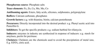Phosphorous source: Phosphate salts
Trace elements: Fe, Zn, Cu, Mn, Mo, Co
Antifoaming agents: Esters, fatty acids, silicones, sulphonates, polypropylene
Buffers: Calcium carbonate, phosphates
Growth factors: e.g. with thiamine, biotin, calcium pentothenate
Precursors: Directly incorporated into the desired product: e.g. Phenyl acetic acid into
Penicillin G.
Inhibitors: To get the specific products: e.g. sodium barbital for rifamycin.
Inducers: enzymes in industry are synthesized in response of inducers: e.g. starch for
amylases, pectin for pectinase.
Chelators: Chelators are the chemicals used to avoid the precipitation of metal ions.
E.g. EDTA, citric acid .
 