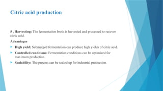 Citric acid production
5 . Harvesting: The fermentation broth is harvested and processed to recover
citric acid.
Advantages
 High yield: Submerged fermentation can produce high yields of citric acid.
 Controlled conditions: Fermentation conditions can be optimized for
maximum production.
 Scalability: The process can be scaled up for industrial production.
 