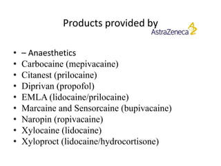 Products provided by

•   – Anaesthetics
•   Carbocaine (mepivacaine)
•   Citanest (prilocaine)
•   Diprivan (propofol)
•   EMLA (lidocaine/prilocaine)
•   Marcaine and Sensorcaine (bupivacaine)
•   Naropin (ropivacaine)
•   Xylocaine (lidocaine)
•   Xyloproct (lidocaine/hydrocortisone)
 