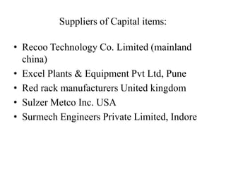Suppliers of Capital items:

• Recoo Technology Co. Limited (mainland
  china)
• Excel Plants & Equipment Pvt Ltd, Pune
• Red rack manufacturers United kingdom
• Sulzer Metco Inc. USA
• Surmech Engineers Private Limited, Indore
 
