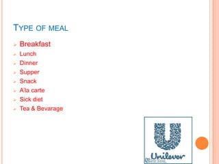 TYPE OF MEAL
 Breakfast
 Lunch
 Dinner
 Supper
 Snack
 A’la carte
 Sick diet
 Tea & Bevarage
 