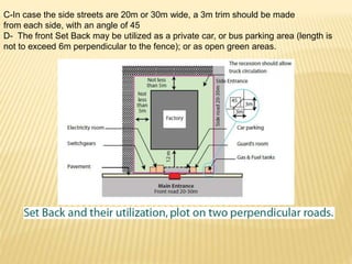 C-In case the side streets are 20m or 30m wide, a 3m trim should be made
from each side, with an angle of 45
D- The front Set Back may be utilized as a private car, or bus parking area (length is
not to exceed 6m perpendicular to the fence); or as open green areas.
 