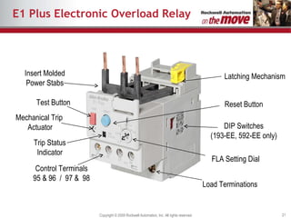 E1 Plus Electronic Overload Relay Latching Mechanism Insert Molded Power Stabs Reset Button Test Button DIP Switches (193-EE, 592-EE only) FLA Setting Dial Mechanical Trip  Actuator Trip Status Indicator Control Terminals 95 & 96  /  97 &  98 Load Terminations 
