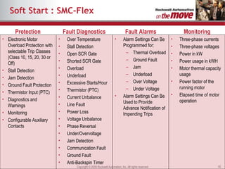 Soft Start : SMC-Flex Electronic Motor Overload Protection with selectable Trip Classes (Class 10, 15, 20, 30 or Off) Stall Detection Jam Detection  Ground Fault Protection Thermistor Input (PTC) Diagnostics and Warnings  Monitoring Configurable Auxiliary Contacts Over Temperature Stall Detection Open SCR Gate Shorted SCR Gate Overload  Underload Excessive Starts/Hour Thermistor (PTC) Current Unbalance Line Fault Power Loss Voltage Unbalance Phase Reversal Under/Overvoltage Jam Detection Communication Fault Ground Fault Anti-Backspin Timer Alarm Settings Can Be Programmed for: Thermal Overload Ground Fault Jam  Underload Over Voltage Under Voltage Alarm Settings Can Be Used to Provide Advance Notification of Impending Trips Three-phase currents Three-phase voltages Power in kW Power usage in kWH Motor thermal capacity usage Power factor of the running motor Elapsed time of motor operation Protection Fault Diagnostics Fault Alarms Monitoring 