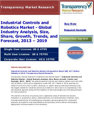 REPORT DESCRIPTION
Industrial Controls and Robotics Market is Expected to Reach USD 147.7 Billion
Globally in 2019: Transparency Market Research
Transparency Market Research is Published new Market Report " Industrial Controls and
Robotics Market - Global Industry Analysis, Size, Share, Growth, Trends, and
Forecast, 2013 - 2019," the global industrial controls and robotics market was worth USD
102.02 billion in 2012 and is expected to reach USD 147.7 billion in 2019, growing at a
CAGR of 5.6% from 2013 to 2019. Americas i.e. (North America and South America) was
the largest market for industrial controls and robotics in 2012 due to re-engineering in the
old industrial segment along with the adoption of new technologies and increasing demand
for mass production.
The market is driven by its growing use in application areas of discrete and process
industries i.e. automotive, power, pharmaceutical, and semiconductors industries. Also,
increased productivity of manufacturing companies, growing demand for customized
products, and need for improved efficiency and precision are the factors encouraging
deployment of these systems in the industries.
Transparency Market Research
Industrial Controls and
Robotics Market - Global
Industry Analysis, Size,
Share, Growth, Trends, and
Forecast, 2013 – 2019
Single User License: US $ 4795
Multi User License: US $ 75795
Corporate User License: US $ 10795
Buy Now
Request Sample
Published Date: Sept 2013
122 Pages Report
 
