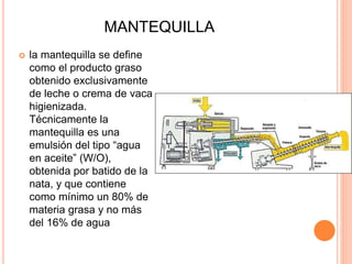MANTEQUILLA
 la mantequilla se define
como el producto graso
obtenido exclusivamente
de leche o crema de vaca
higienizada.
Técnicamente la
mantequilla es una
emulsión del tipo “agua
en aceite” (W/O),
obtenida por batido de la
nata, y que contiene
como mínimo un 80% de
materia grasa y no más
del 16% de agua
 