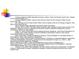 


             Lichauco, Alejandro (1988) Nationalist Economics, History, Theory and Practice, Quezon City: Institute
    for Rural Industrialization, Inc.
             Lichauco, Alejandro (1986) Towards a New Economic Order and the Conquest of Mass Poverty,
    Quezon City: SSP.
             Mar, Pamela and Frank-Jurgen Richter (2003) China, Enabling a New Era of Changes, Singapore: John
    Wiley & Sons (Asia) Pte Ltd.
             Munck, Ronaldo (2002) Globalization and Labor, Manila: Ibon Books
             Ofreneo, Rene E (1994) “The Labor Market, Protective Labor Institutions and Economic Growth in the
    Philippines”, Workers, Economic Institutions and Economic Growth in Asia (Gerry Rodgers-Ed), Geneva:
    International Institute for Labor Studies.
             Pesch S.J., Henry (1918) Ethics and the National Economy, Philippines: Divine Word Publications, Inc.
             Rodger, Gerry (1994) “Workers, Economic Institutions and Economic Growth in Asia, Geneva:
    International Institute for Labor Studies.
             Sibal, Jorge (2003), “Studies of Selected In-Company Training Strategies for Knowledge Workers in
    the Philippines: Tokyo: Asian Productivity Organization
    Takagi, Tsuyoshi (2004) “Global Economy and Decent Work”, Conference on Industrial Relations in Enterprises
    in the Age of Globalization of Economy, sponsored by the ILO Association of Japan, Inc., March 1, 2004,
    Mandarin Oriental Hotel, Makati City, Philippines.
    Warner, Malcolm (Ed.) (2003), Culture and Management in Asia, London: RoutledgeCurzon.
    Wurfel, David (1957) “Trade Union Development and Labor Relations Policy in the Philippines”, Industrial
    Labor Relations Review, Vol. 12, No. 4, July, pp. 582-608.
             Yong-bum Park (2002) “State Regulation, the Labor Market and Economic Development: The Republic
    of Korea”, Kicking Away the Ladder, Development Strategy in Historical Perspective (Ha-joon-Ed), London:
    Anthem Press.
 