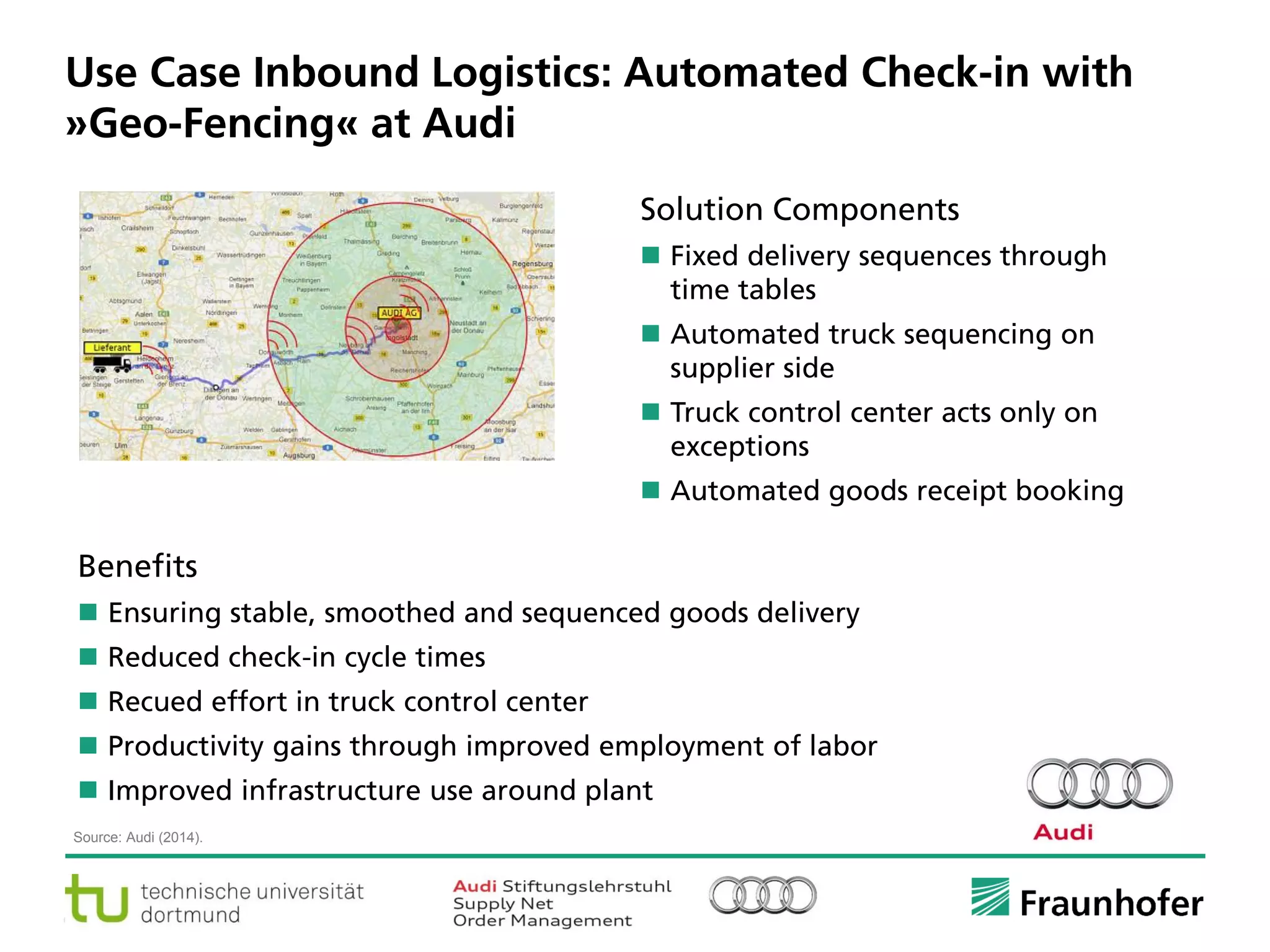 © Fraunhofer ·· Seite 4
Use Case Inbound Logistics: Automated Check-in with
»Geo-Fencing« at Audi
Solution Components
 Fixed delivery sequences through
time tables
 Automated truck sequencing on
supplier side
 Truck control center acts only on
exceptions
 Automated goods receipt booking
Source: Audi (2014).
Benefits
 Ensuring stable, smoothed and sequenced goods delivery
 Reduced check-in cycle times
 Recued effort in truck control center
 Productivity gains through improved employment of labor
 Improved infrastructure use around plant
 