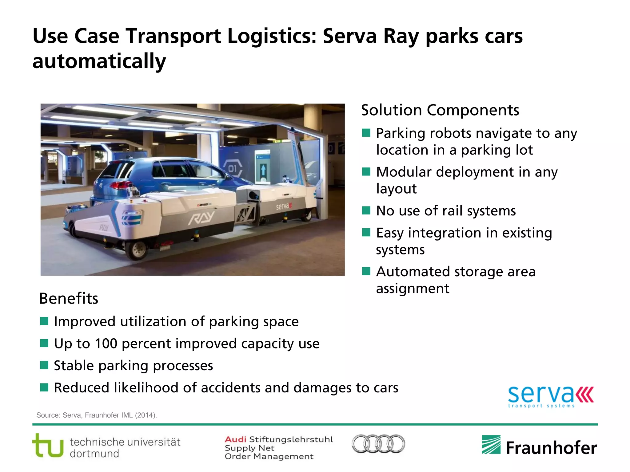 © Fraunhofer ·· Seite 6
Use Case Transport Logistics: Serva Ray parks cars
automatically
Benefits
 Improved utilization of parking space
 Up to 100 percent improved capacity use
 Stable parking processes
 Reduced likelihood of accidents and damages to cars
Solution Components
 Parking robots navigate to any
location in a parking lot
 Modular deployment in any
layout
 No use of rail systems
 Easy integration in existing
systems
 Automated storage area
assignment
Source: Serva, Fraunhofer IML (2014).
 