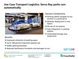 © Fraunhofer ·· Seite 6
Use Case Transport Logistics: Serva Ray parks cars
automatically
Benefits
 Improved utilization of parking space
 Up to 100 percent improved capacity use
 Stable parking processes
 Reduced likelihood of accidents and damages to cars
Solution Components
 Parking robots navigate to any
location in a parking lot
 Modular deployment in any
layout
 No use of rail systems
 Easy integration in existing
systems
 Automated storage area
assignment
Source: Serva, Fraunhofer IML (2014).
 