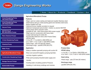 TAIMA         Ganga Engineering Works

                                                       Ü A b o u t U s Ü t s Ü c k Üt Ü
                                                       Home Ü          Produc Feedba Contac Exit

                                Agricultural Monoblock Pumps
6 Inch Dewatering Pump
with Diesel Engine              Features
                                •Rigid, cast iron volute casting and balanced impeller Stainless steel
8 Inch Dewatering Pump          •Shaft sleeve with gun metal packing gland and stainless steel studs.
with Diesel Engine
                                •Brass impeller lock nuts
                                •Optional bronze impeller provided on request
Vacuum Pump
                                •Optional mechanical seal provided - Carbon vs ceramic MOTOR
                                •Three phase TEFC induction motor
Self Priming &                  •Suitable for 340 - 440v three phase 50Hz power supply
Mini Monoblock Pumps
                                •Rigid cast-iron construction with heavy base
                                •Larger ball bearings for better life
Petro Chemical Pumps
                                •Dynamically balanced rotors (See Product Data)
                                •HP/kW rating
12 Inch Dewatering Pumps        •1.5 to HP / 1.1 to 22kW in 2900 RPM and
                                •2 to 15HP / 1.5 to 11 kW in 1450 RPM models
                                •Head range : upto 270 feet (82 meters)
Chemical Pump
                                •Discharge range : upto900 GPM (68 LPS)

Water Pump                      Application                                               Product Data
                                •Deep or shallow openwell pumping with suction lift       HP/kW rating
Agricultural Monoblock Pumps    •River and cannal lift irrigation pumping Sprinkler       •1.5 to HP / 1.1 to 22kW in 2900 RPM and
                                                                                          •2 to 15HP / 1.5 to 11 kW in 1450 RPM models
                                and drip irrigation systems
Construction Dewatering Pumps                                                             Head rating
                                •Filter point pumping Industrial water supply and
                                                                                          •Head range : upto 270 feet (82 meters)
                                transfer
Sewage Vacuum Pumps
                                •Cooling water circulating systems Pressure               Discharge range

                                boosting in multi-storey buildings and indutries          upto900 GPM (68 LPS)
Submersible Pumps
 