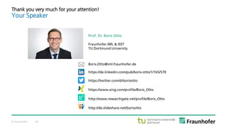 © Fraunhofer 24
Prof. Dr. Boris Otto
Fraunhofer IML & ISST
TU Dortmund University
Boris.Otto@iml.fraunhofer.de
https://de.linkedin.com/pub/boris-otto/1/1b5/570
https://twitter.com/drborisotto
https://www.xing.com/profile/Boris_Otto
http://www.researchgate.net/profile/Boris_Otto
http://de.slideshare.net/borisotto
Thank you very much for your attention!
Your Speaker
 