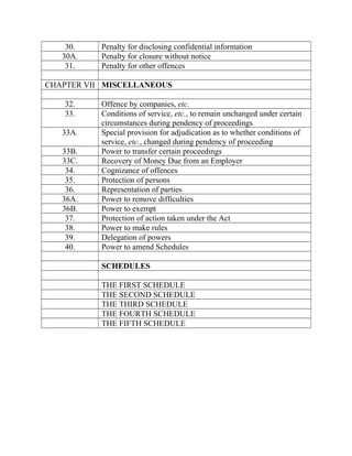 30. Penalty for disclosing confidential information
30A. Penalty for closure without notice
31. Penalty for other offences
CHAPTER VII MISCELLANEOUS
32. Offence by companies, etc.
33. Conditions of service, etc., to remain unchanged under certain
circumstances during pendency of proceedings
33A. Special provision for adjudication as to whether conditions of
service, etc., changed during pendency of proceeding
33B. Power to transfer certain proceedings
33C. Recovery of Money Due from an Employer
34. Cognizance of offences
35. Protection of persons
36. Representation of parties
36A. Power to remove difficulties
36B. Power to exempt
37. Protection of action taken under the Act
38. Power to make rules
39. Delegation of powers
40. Power to amend Schedules
SCHEDULES
THE FIRST SCHEDULE
THE SECOND SCHEDULE
THE THIRD SCHEDULE
THE FOURTH SCHEDULE
THE FIFTH SCHEDULE
 