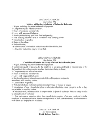 THE THIRD SCHEDULE
(See Section 7A)
Matters within the Jurisdiction of Industrial Tribunals
1. Wages, including the period and mode of payment;
2. Compensatory and other allowances;
3. Hours of work and rest intervals;
4. Leave with wages and holidays;
5. Bonus, profit sharing, provident fund and gratuity;
6. Shift working otherwise than in accordance with standing orders;
7. Classification by grades;
8. Rules of discipline;
9. Rationalisation;
10. Retrenchment of workmen and closure of establishment; and
11. Any other matter that may be prescribed.
THE FOURTH SCHEDULE
(See Section 9A)
Conditions of Service for change of which Notice is to be given
1. Wages, including the period and mode of payment;
2. Contribution paid, or payable, by the employer to any provident fund or pension fund or for
the benefit of the workmen under any law for the time being in force;
3. Compensatory and other allowances;
4. Hours of work and rest intervals;
5. Leave with wages and holidays;
6. Starting alteration or discontinuance of shift working otherwise than in
accordance with standing orders;
7. Classification by grades;
8. Withdrawal of any customary concession or privilege or change in usage;
9. Introduction of new rules of discipline, or alteration of existing rules, except in so far as they
are provided in standing orders;
10. Rationalisation, standardisation or improvement of plant or technique which is likely to lead
to retrenchment of workmen;
11. Any increases or reduction (other than casual) in the number of persons employed or to be
employed in any occupation or process or department or shift, not occasioned by circumstances
over which the employer has no control.
THE FIFTH SCHEDULE
See Section 2(ra)
Unfair Labour Practices
 