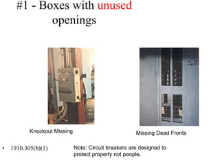 #1 - Boxes with unused
openings
• 1910.305(b)(1)
Knockout Missing Missing Dead Fronts
Note: Circuit breakers are designed to
protect property not people.
 