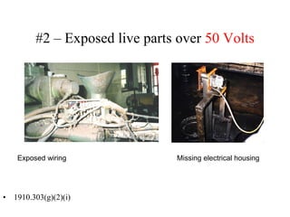 #2 – Exposed live parts over 50 Volts
• 1910.303(g)(2)(i)
Exposed wiring Missing electrical housing
 