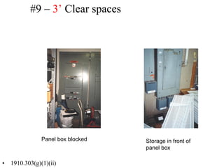 #9 – 3’ Clear spaces
• 1910.303(g)(1)(ii)
Panel box blocked Storage in front of
panel box
 