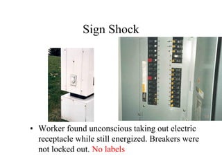 Sign Shock
• Worker found unconscious taking out electric
receptacle while still energized. Breakers were
not locked out. No labels
 