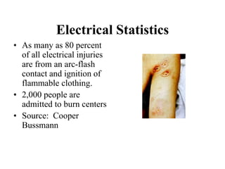 Electrical Statistics
• As many as 80 percent
of all electrical injuries
are from an arc-flash
contact and ignition of
flammable clothing.
• 2,000 people are
admitted to burn centers
• Source: Cooper
Bussmann
 